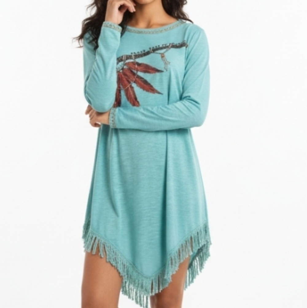 MISSLOOK Long Sleeve Top Fringe Light Blue Women’s Large Southwest Feathers